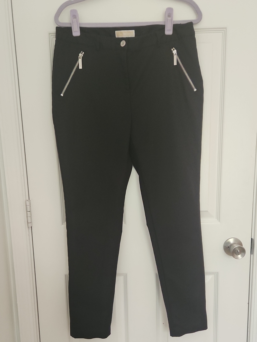 Michael Kors Black Ponte Knit Slim Leg Pants Silver Zip Pockets Size 10